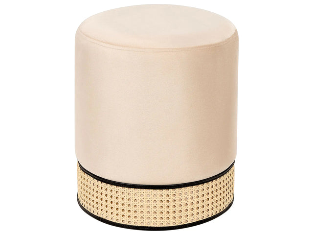 Pouffe Light Beige Upholstered Velvet Rattan Weave Accent Ring Glamour Stool Beliani