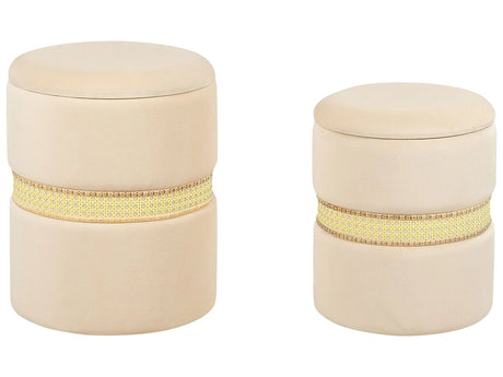 Set of 2 Pouffes Light Beige Velvet Rattan Bands Modern Boho Internal Storage Living Room Bedroom Beliani