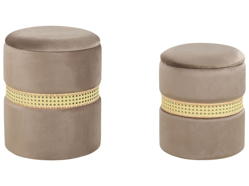 Set of 2 Pouffes Cream Taupe Velvet Rattan Bands Modern Boho Internal Storage Living Room Bedroom Beliani