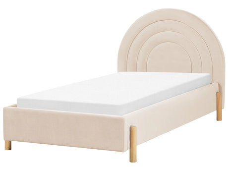 Bed Beige Velvet EU Single Size 3ft Slatted Base Wooden Legs Minimalist Retro Design Half-Round Headboard Beliani