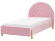 Bed Pink Velvet EU Single Size 3ft Slatted Base Wooden Legs Minimalist Retro Design Half-Round Headboard Beliani