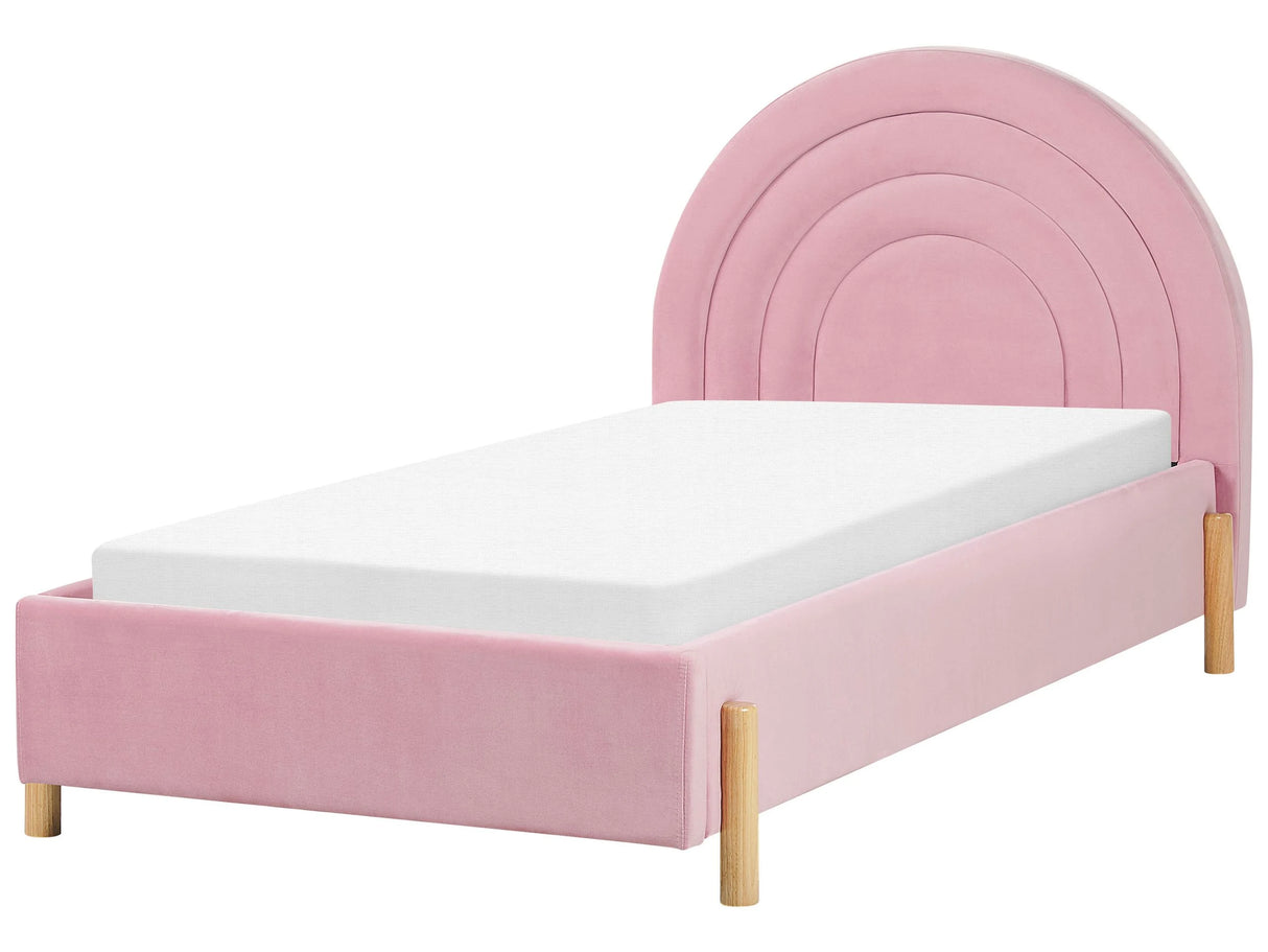 Bed Pink Velvet EU Single Size 3ft Slatted Base Wooden Legs Minimalist Retro Design Half-Round Headboard Beliani