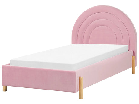 Bed Pink Velvet EU Single Size 3ft Slatted Base Wooden Legs Minimalist Retro Design Half-Round Headboard Beliani