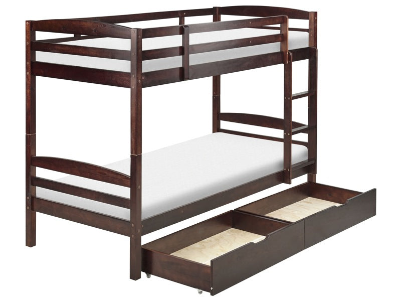 Bunk Bed with Drawers Dark Wood Pine EU Single Size 3ft 90 x 200 cm High Sleeper Children Kids Bedroom Ladder Slats Beliani