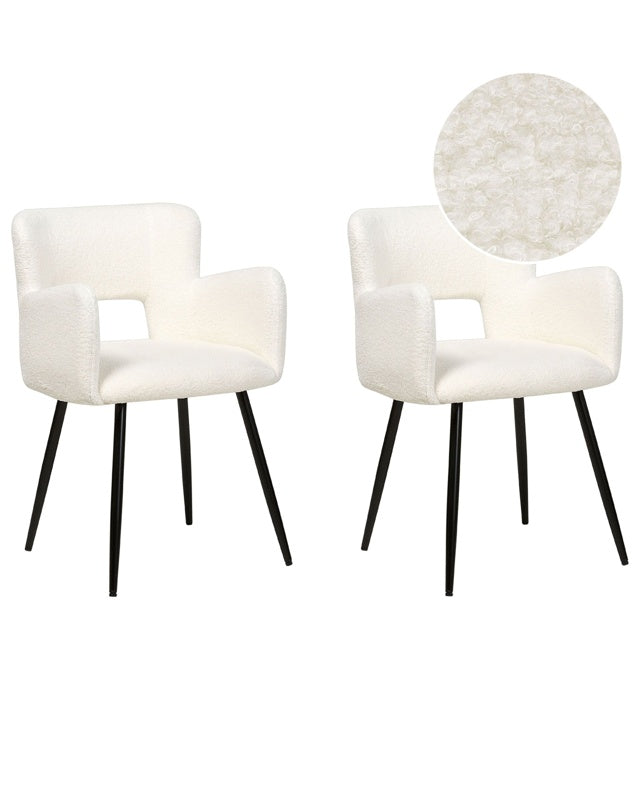 Set of 2 Dining Chairs White Boucle Upholstery with Armrests Cut-Out Backrest Black Metal Legs Modern Design Beliani