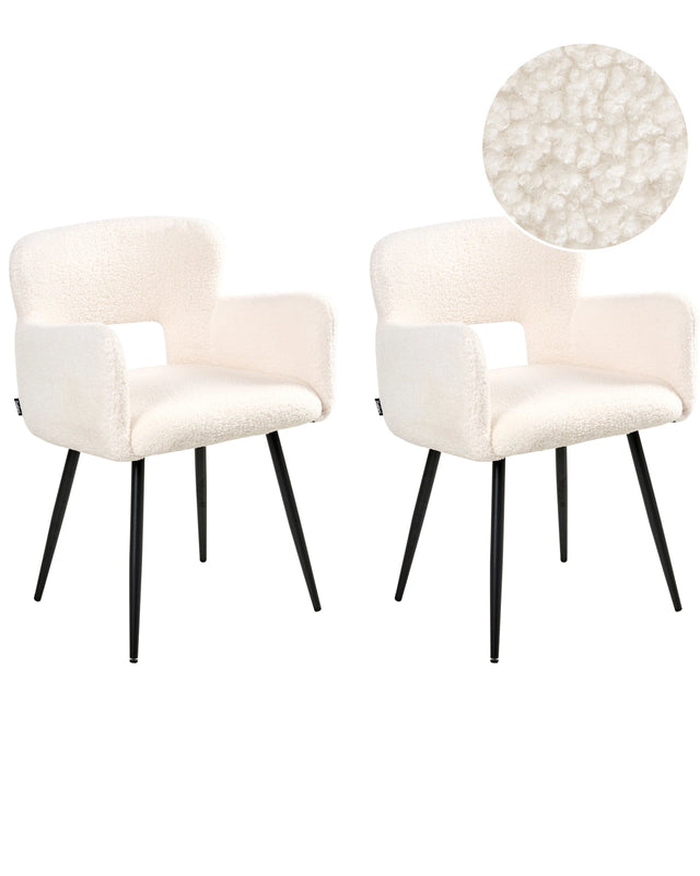 Set of 2 Dining Chairs White Boucle Upholstery with Armrests Cut-Out Backrest Black Metal Legs Modern Design Beliani