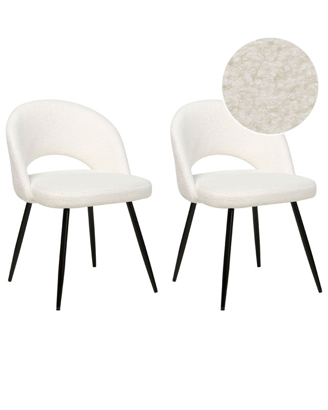 Set of 2 Dining Chairs White Boucle Upholstery Cut-Out Backrest Black Metal Legs Modern Design Beliani