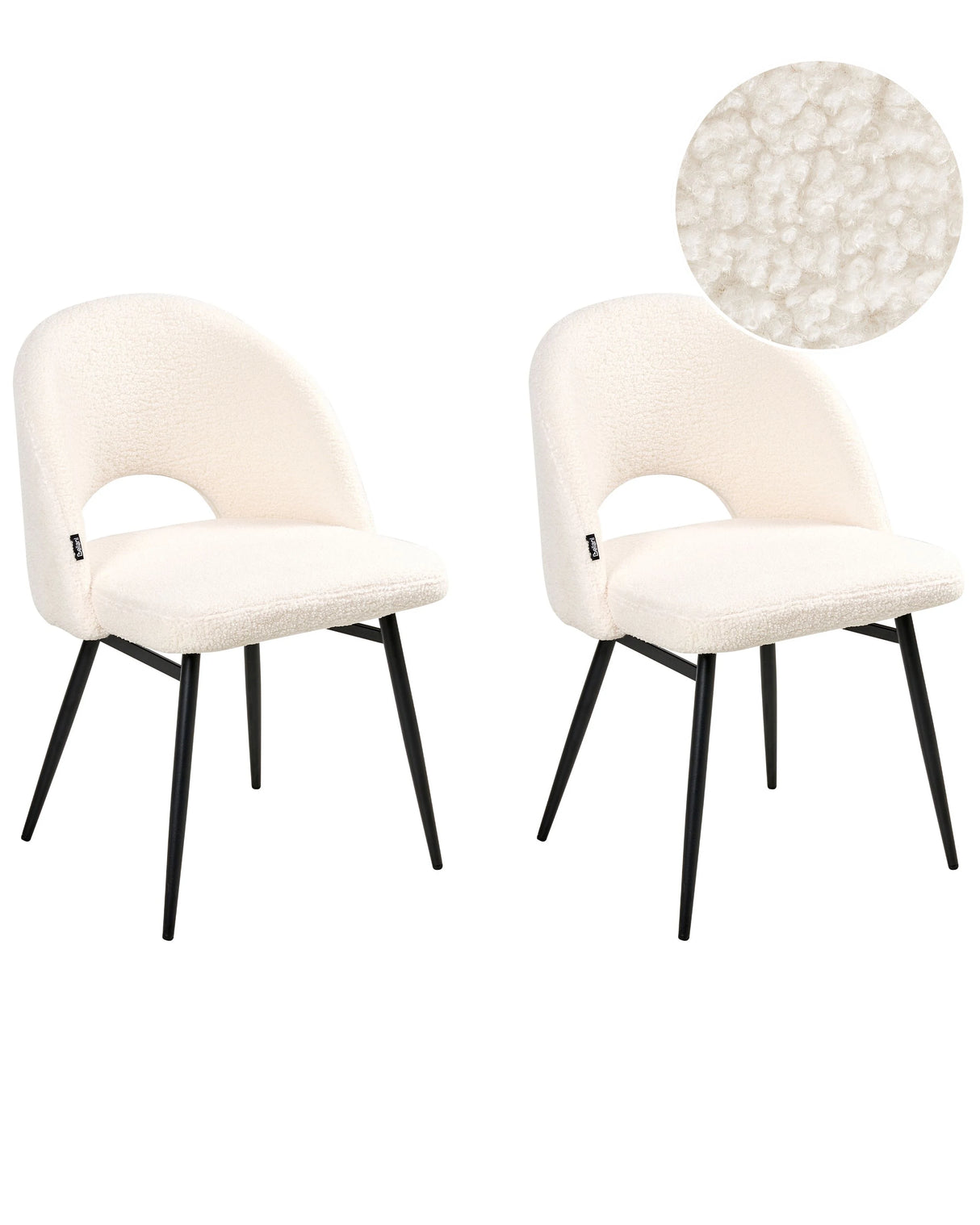 Set of 2 Dining Chairs White Boucle Upholstery Cut-Out Backrest Black Metal Legs Modern Design Beliani