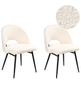 Set of 2 Dining Chairs White Boucle Upholstery Cut-Out Backrest Black Metal Legs Modern Design Beliani