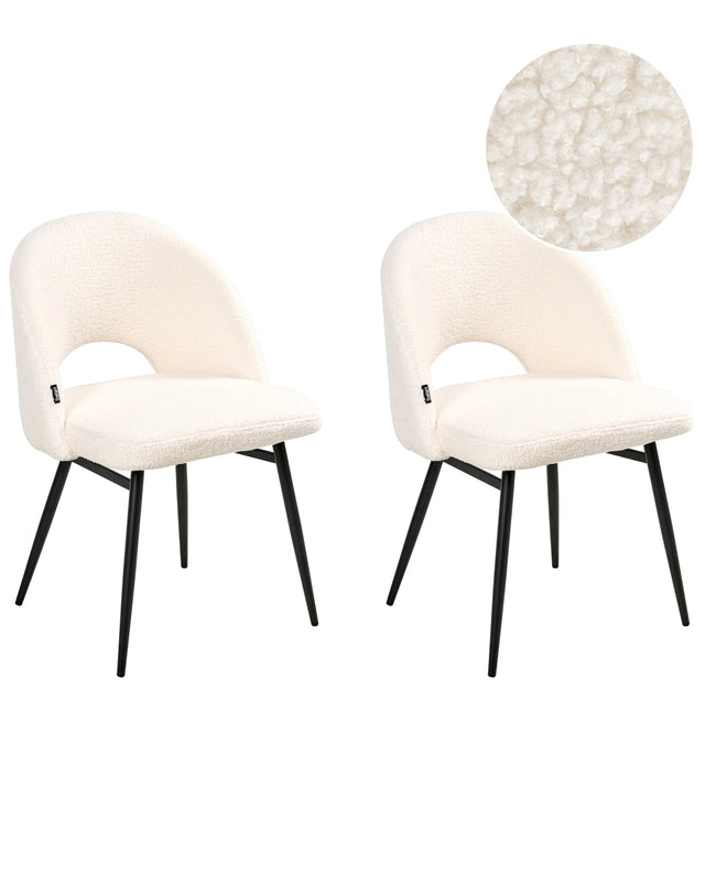 Set of 2 Dining Chairs White Boucle Upholstery Cut-Out Backrest Black Metal Legs Modern Design Beliani