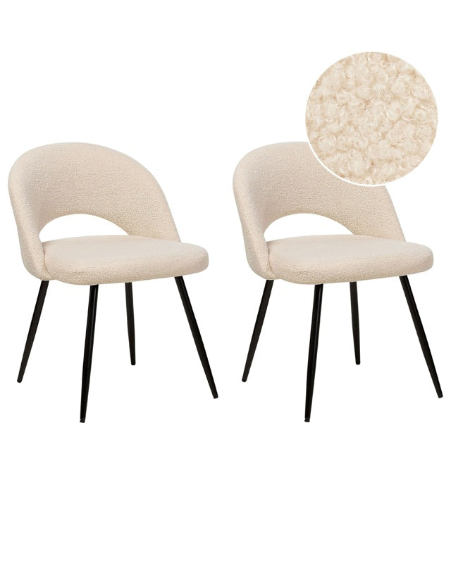 Set of 2 Dining Chairs Beige Boucle Upholstery Cut-Out Backrest Black Metal Legs Modern Design Beliani