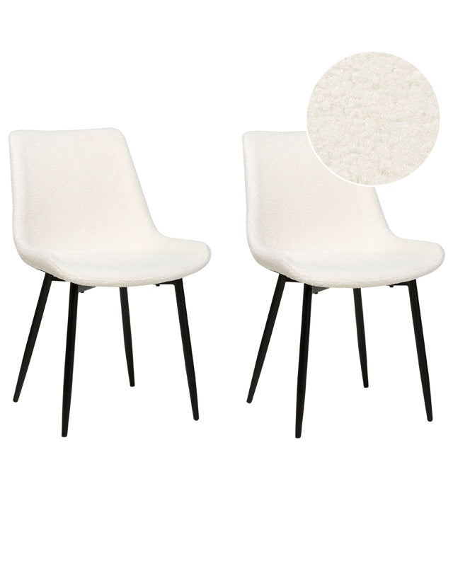 Set of 2 Dining Chairs White Boucle Upholstery Tall Backrest Black Metal Legs Modern Design Beliani