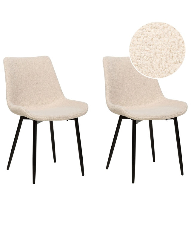 Set of 2 Dining Chairs Beige Boucle Upholstery Tall Backrest Black Metal Legs Modern Design Beliani