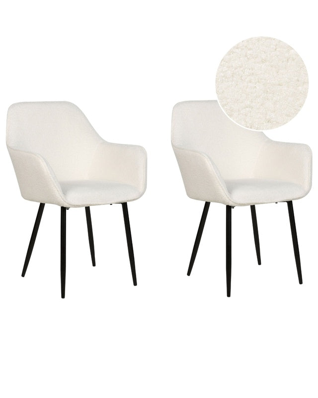 Set of 2 Dining Chairs White Boucle Upholstery with Armrests Black Metal Legs Modern Design Beliani