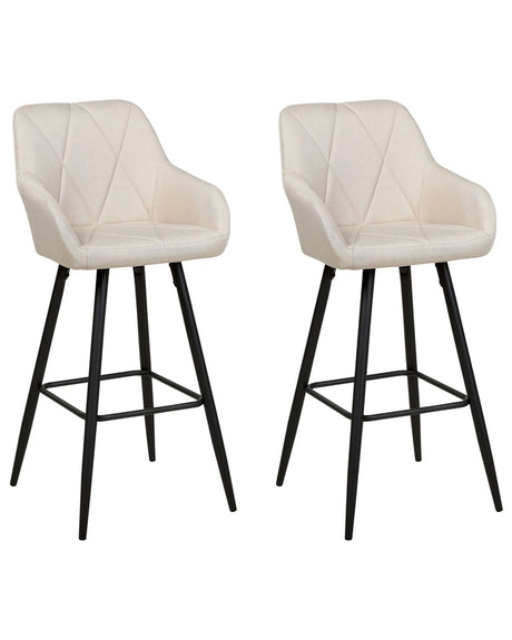 Set of 2 Bar Stool  Light Beige Fabric Upholstered With Arms Quilted Backrest Black Metal Legs Beliani