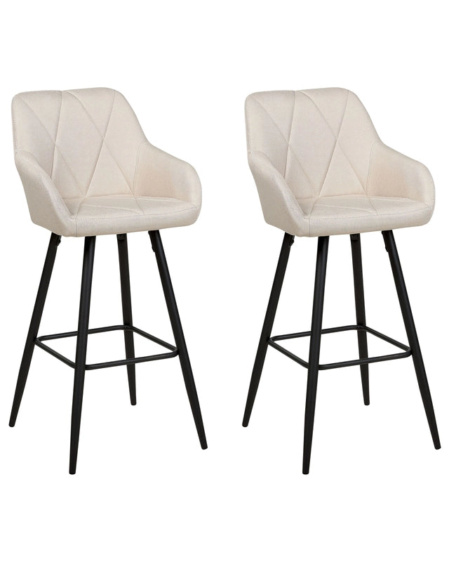 Set of 2 Bar Stool  Light Beige Fabric Upholstered With Arms Quilted Backrest Black Metal Legs Beliani