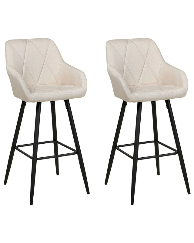 Set of 2 Bar Stool  Light Beige Fabric Upholstered With Arms Quilted Backrest Black Metal Legs Beliani