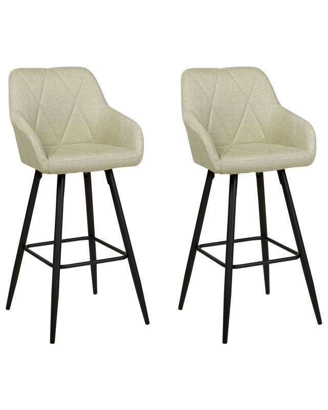 Set of 2 Bar Stool Light Green Fabric Upholstered With Arms Quilted Backrest Black Metal Legs Beliani