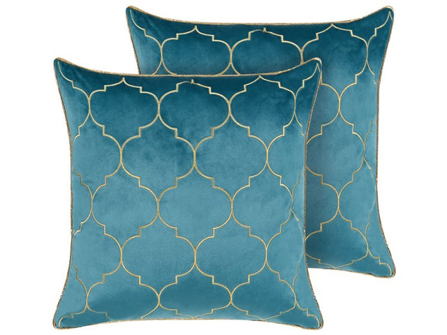 Set of 2 Decorative Cushions Blue Quatrefoil Pattern 45 x 45 cm Foil Print Moroccan Clover Glamour Beliani