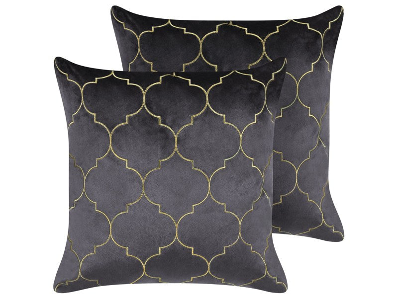 Set of 2 Decorative Cushions Grey Quatrefoil Pattern 45 x 45 cm Foil Print Moroccan Clover Glamour Beliani