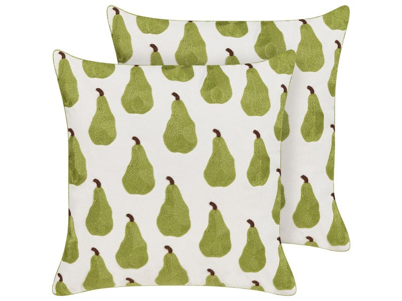 Set of 2 Decorative Cushions Green White Cotton Polyester 45 x 45 cm  Pear Pattern Fruit Motif Embroidered Decor Accessories Beliani