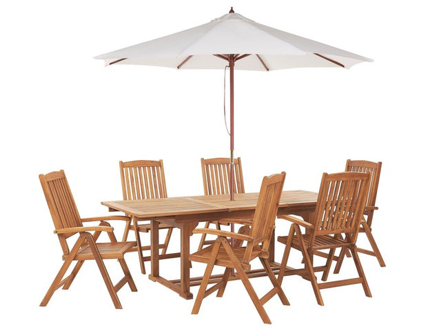 Garden Dining Set Acacia Wood Cushions 6 Seater Adjustable Foldable Chairs Parasol (12 Variants)  Outdoor Country Style Beliani