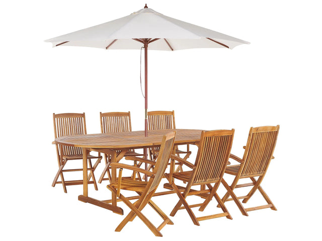 Outdoor Dining Set Light Acacia Wood 6 Seater Table Folding Chairs Rustic Design Parasol to Choose Beliani