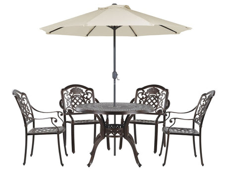 Garden Dining Set Brown Aluminium Outdoor Table 4 Chairs Seat Cushions Retro Parasol Parasol (16 Options) Beliani