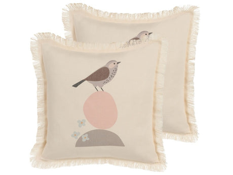 Set of 2 Decorative Cushions Beige Bird Motif 60 x 60 cm Scatter Toss Pillow Print Minimalist Modern Decor Accessories Beliani