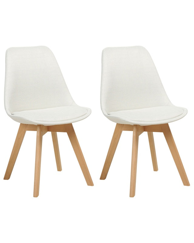 Set of 2 Dining Chairs Off White Fabric Upholstrey Padded Seat Sleek Wooden Legs Beliani