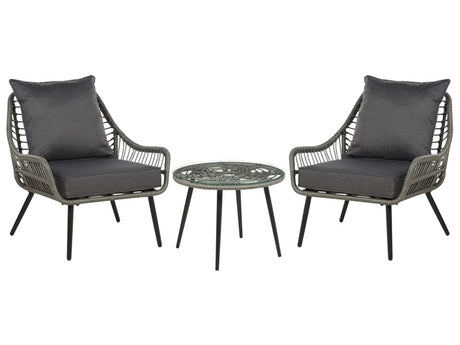 Balcony Bistro Set Grey Faux Rattan Coffee Table and 2 Chairs with Cushions Outdoor Garden Seating Beliani