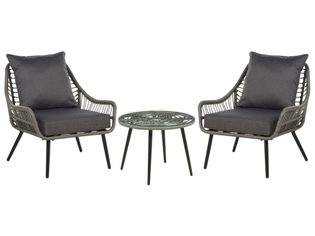 Balcony Bistro Set Grey Faux Rattan Coffee Table and 2 Chairs with Cushions Outdoor Garden Seating Beliani