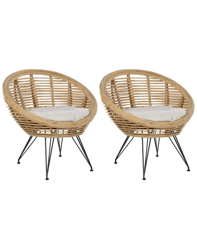 Set of 2 Chair Natural Rattan Light Beige Cotton Cushion Iron Legs Medium Resistance Indoor Outdoor Boho Style Garden Patio Balcony Beliani