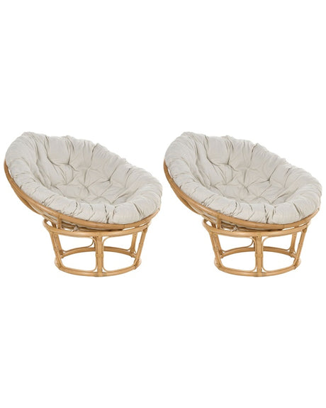 Set of 2 Chairs Natural Rattan Light Beige Cotton Cushions Medium Resistance Indoor Outdoor Boho Style Garden Patio Balcony Beliani