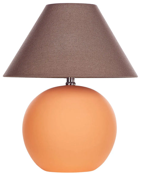 Table Lamp Orange Ceramic Base Linen Shade 41 cm Fabric Drum Brown Bedside Living Room Bedroom Lighting Traditional Beliani