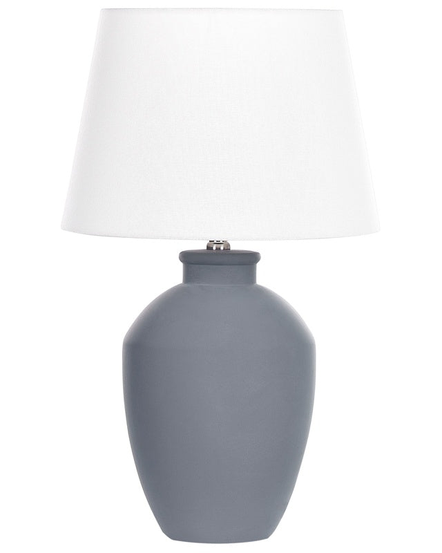 Table Lamp Grey Ceramic Base Linen Drum Shaped Shade Minimalistic Design Beliani