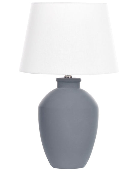 Table Lamp Grey Ceramic Base Linen Drum Shaped Shade Minimalistic Design Beliani