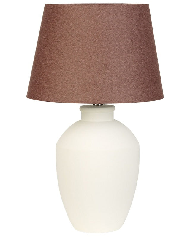 Table Lamp White Ceramic Base Linen Drum Shaped Shade Minimalistic Design Beliani