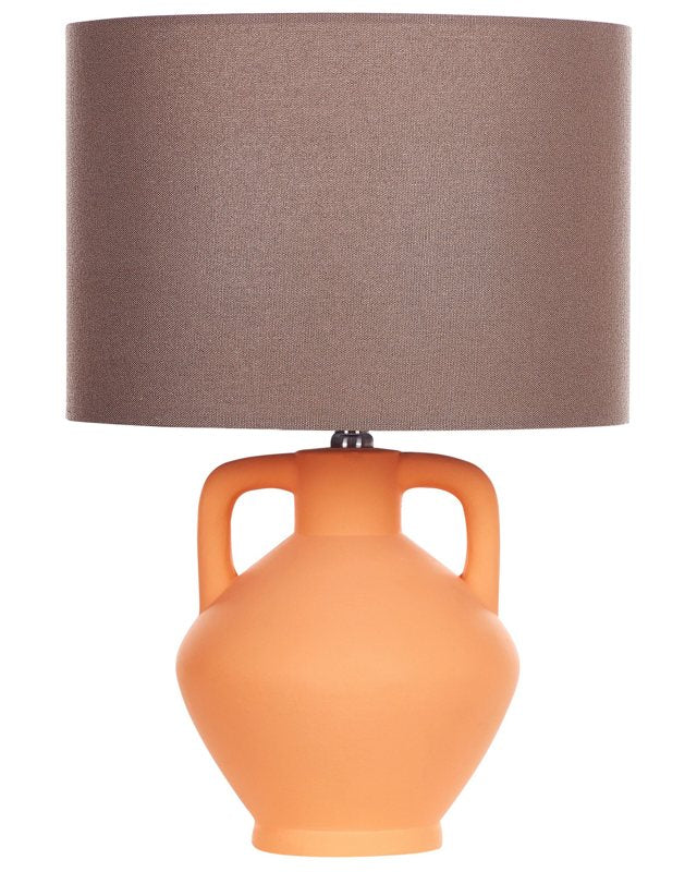 Table Lamp Orange Ceramic Base Linen Drum Shaped Shade Minimalistic Design Beliani