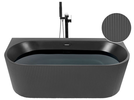 Oval Back to Wall Bath Matt Black Acrylic 171 x 90 cm Fluted Finish Modern Style Bathroom Beliani