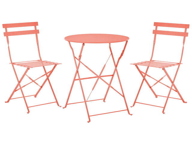 3 Piece Bistro Set Coral Red Metal Folding Slatted Seat Back Outdoor Beliani
