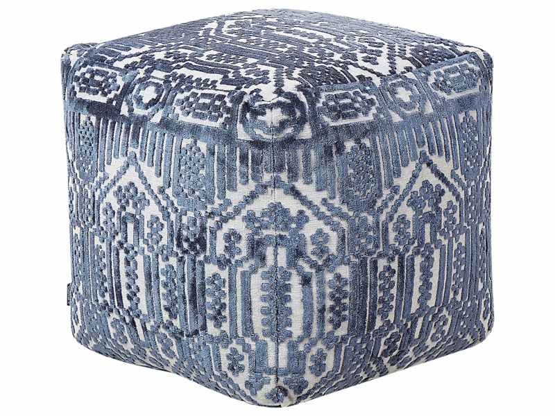 Pouffe Blue Polyester Viscose 50 x 50 x 50 cm With EPS Filling Thick Cover Tufted Pattern Boho Beliani