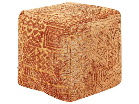 Pouffe Golden Brown Polyester Viscose 50 x 50 x 50 cm With EPS Filling Thick Cover Tufted Pattern Boho Beliani