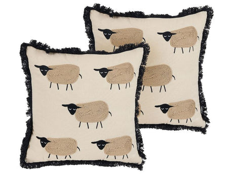 Set of 2 Decorative Cushions Beige Coton  45 x 45 cm Scatter Toss Sheep Motif Pillow Print Minimalist Modern Decor Accessories Beliani