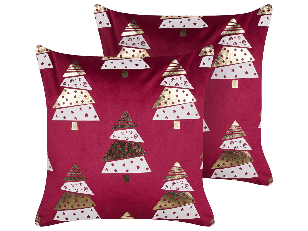 Set of 2 Scatter Cushions Red Velvet Fabric 45 x 45 cm Christmas Tree Pattern Removable Covers Living Room Bedroom Beliani