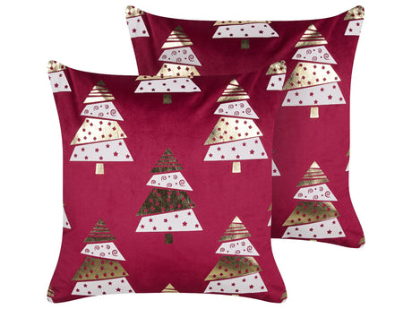 Set of 2 Scatter Cushions Red Velvet Fabric 45 x 45 cm Christmas Tree Pattern Removable Covers Living Room Bedroom Beliani