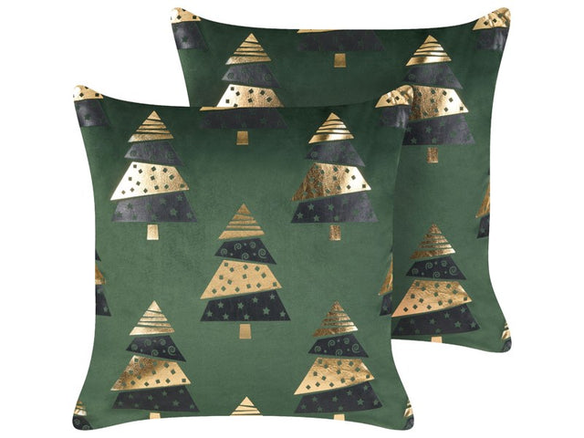 Set of 2 Scatter Cushions Green Velvet Fabric 45 x 45 cm Christmas Tree Pattern Removable Covers Living Room Bedroom Beliani