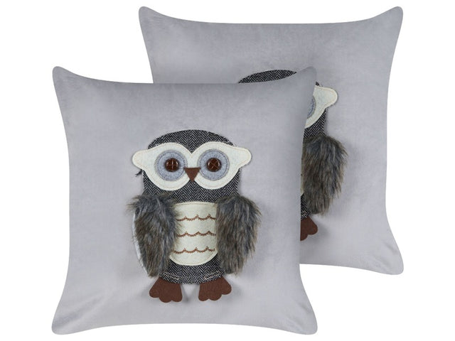 Set of 2 Scatter Cushions Grey Velvet Fabric 45 x 45 cm Owl Motif Removable Covers Living Room Bedroom Beliani