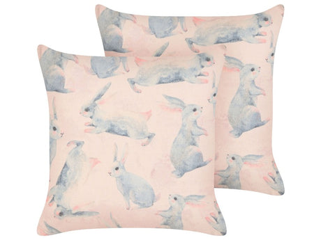 Set of 2 Scatter Cushions Grey Cotton and Polyester Fabric 45 x 45 cm Rabbit Motif Removable Covers Living Room Bedroom Beliani