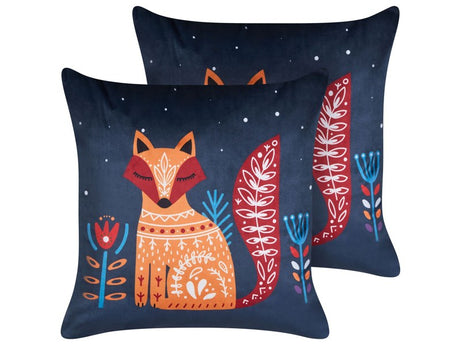 Set of 2 Decorative Cushions Dark Blue Velvet 45 x 45 cm for Kids Animal Fox Motif Print Modern for Kids Decor Accessories Beliani